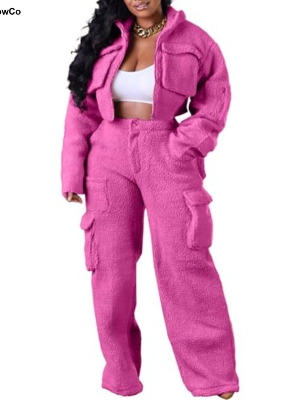 Sherpa Fleece 2-Piece Sweat Set Crop Jacket Cargo Pants Tracksuit